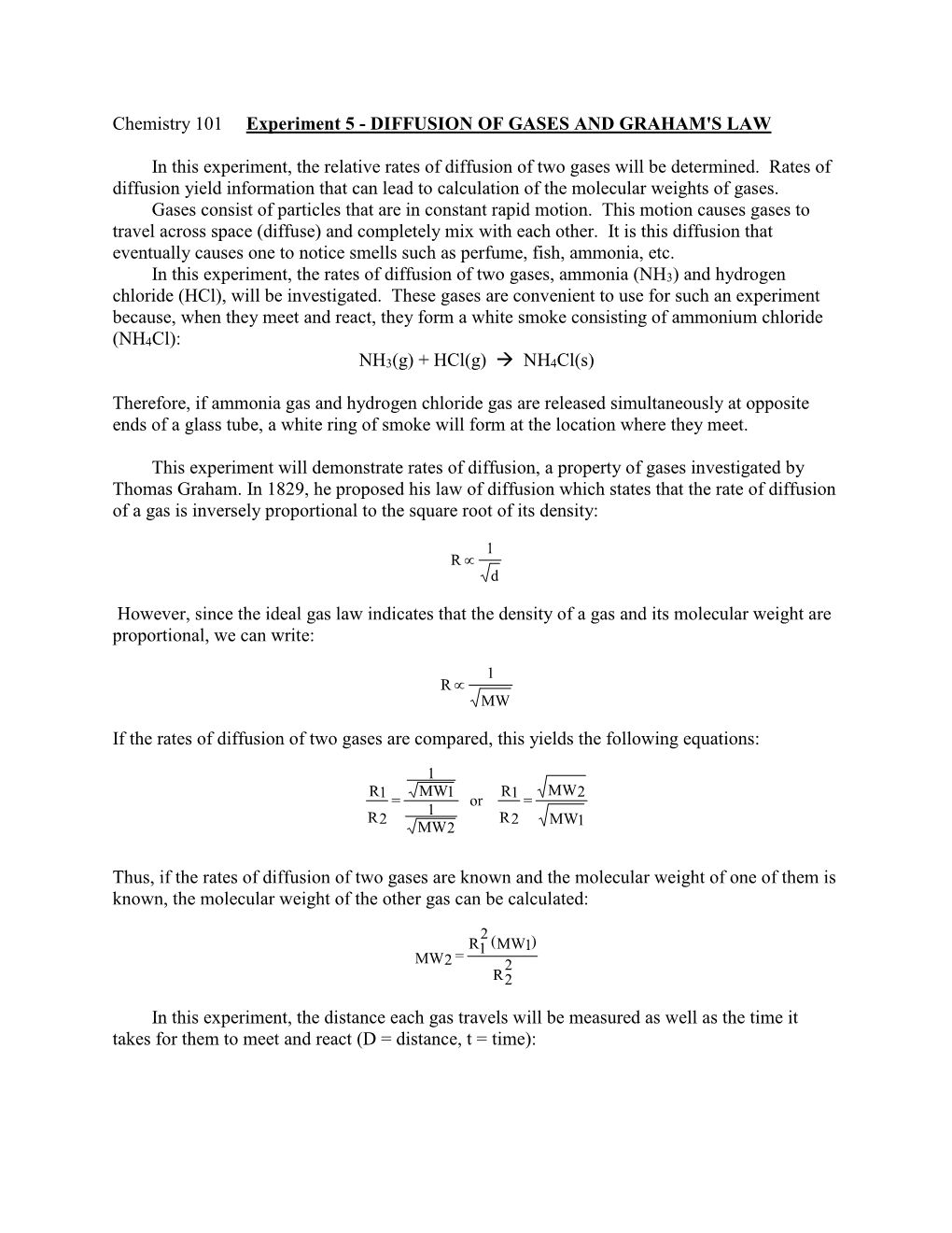 Experiment 5 - DIFFUSION of GASES and GRAHAM's LAW