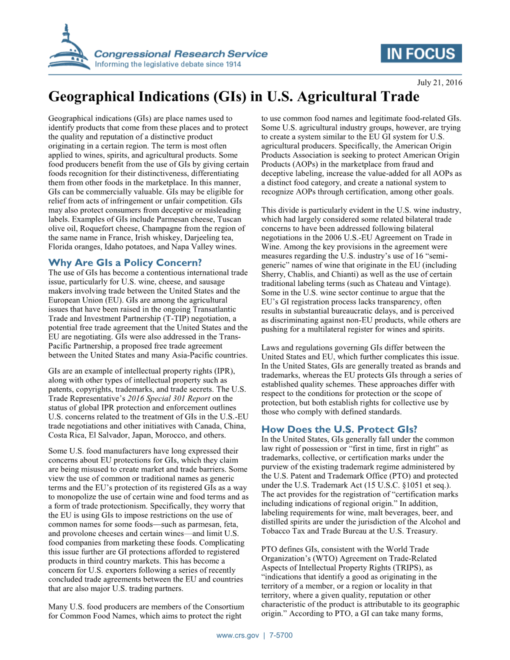 Geographical Indications (Gis) in U.S. Agricultural Trade