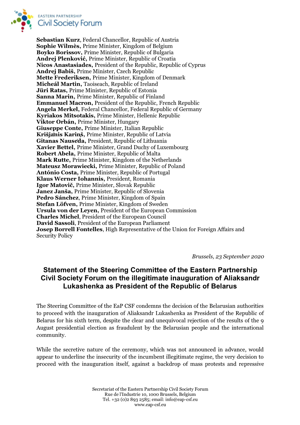 Statement of the Steering Committee of the Eastern Partnership Civil