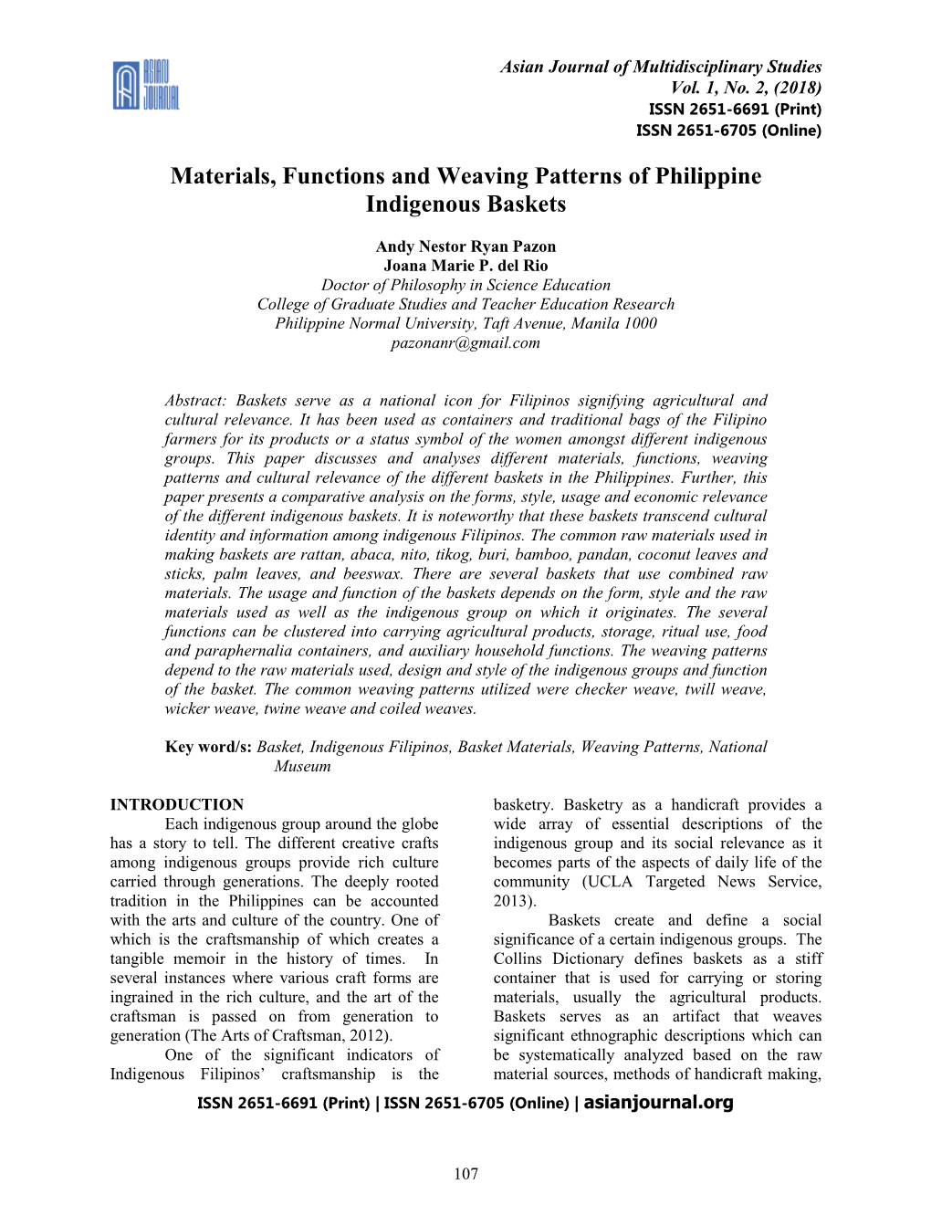 Materials, Functions and Weaving Patterns of Philippine Indigenous Baskets