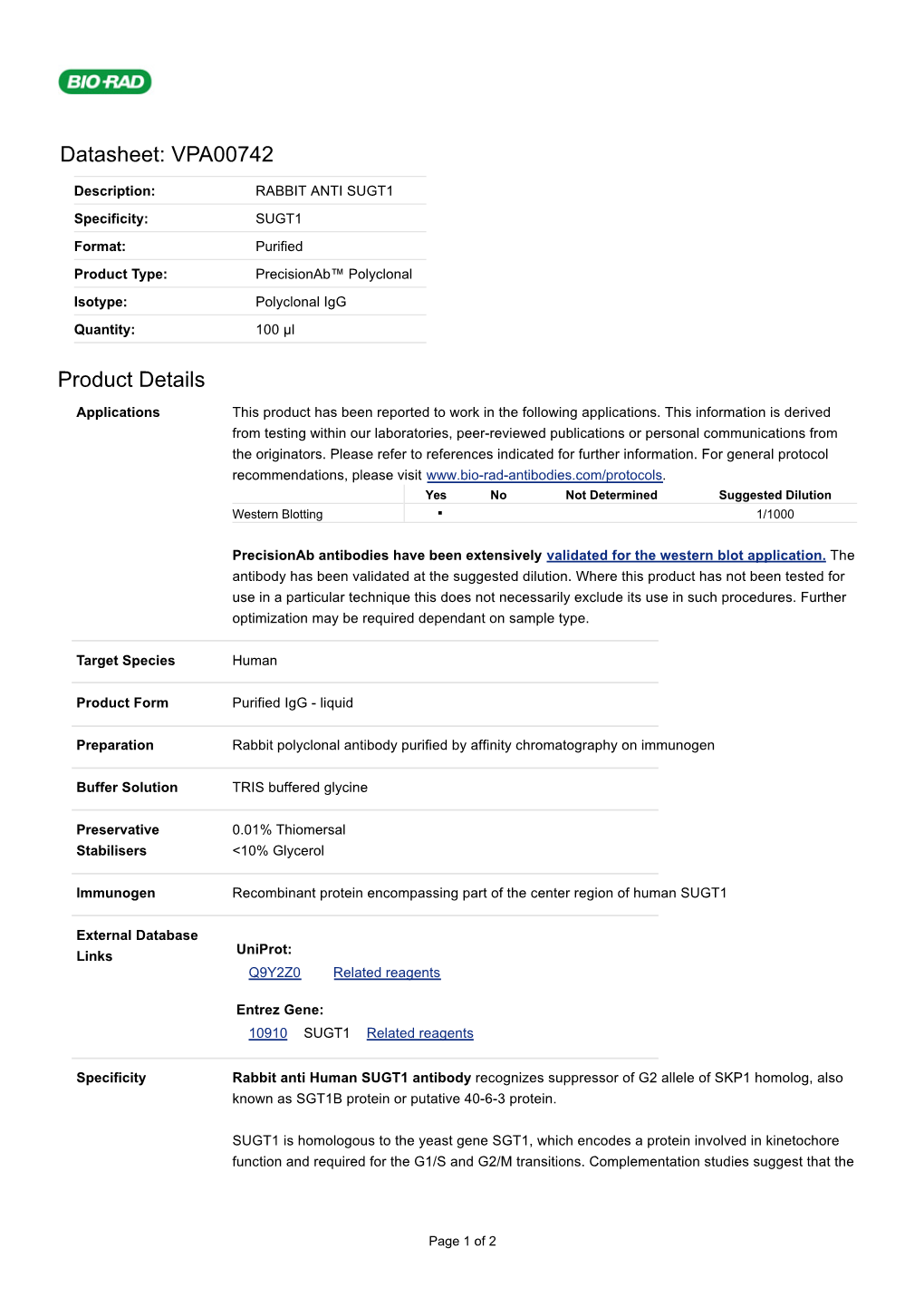 Datasheet: VPA00742 Product Details