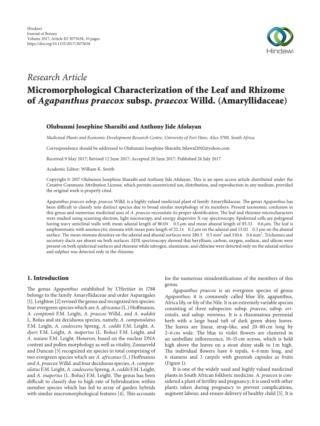 Micromorphological Characterization of the Leaf and Rhizome of Agapanthus Praecox Subsp. Praecox Willd.(Amaryllidaceae)