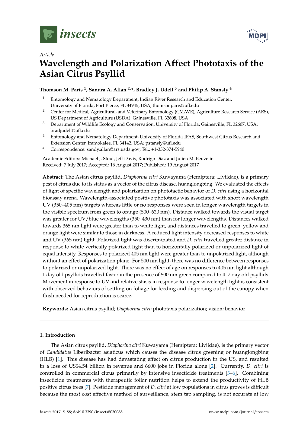 Wavelength and Polarization Affect Phototaxis of the Asian Citrus Psyllid