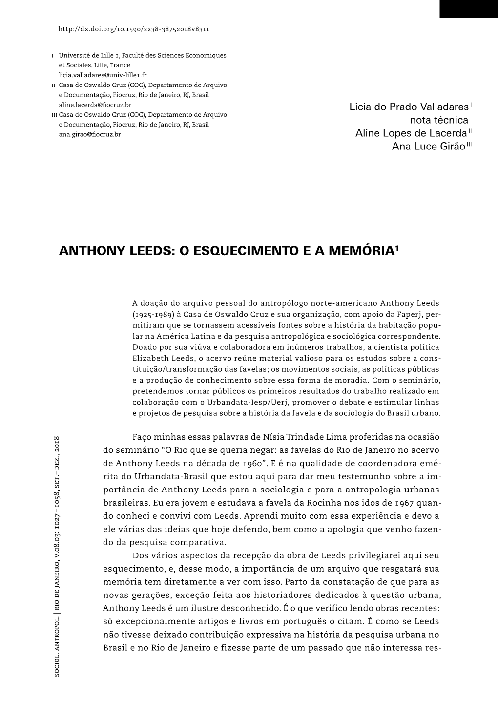 Anthony Leeds: O Esquecimento E a Memória1