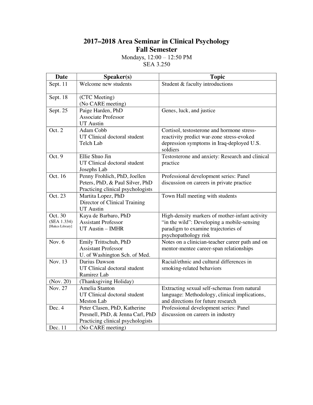 2017–2018 Area Seminar in Clinical Psychology Fall Semester Mondays, 12:00 – 12:50 PM SEA 3.250