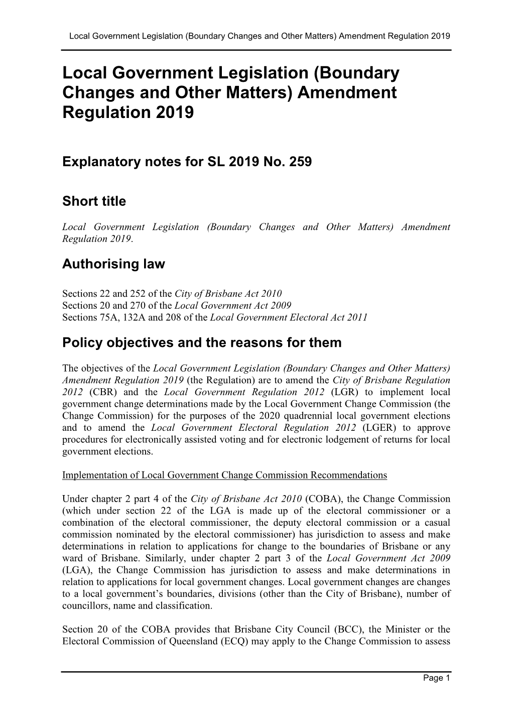 Local Government Legislation (Boundary Changes and Other Matters) Amendment Regulation 2019