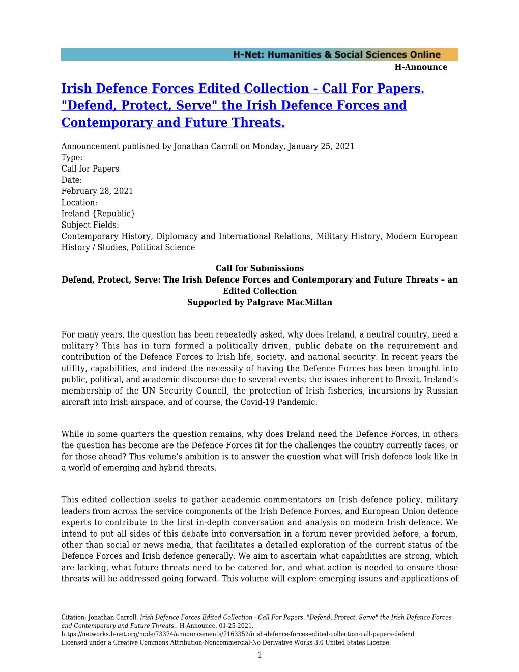 Irish Defence Forces Edited Collection - Call for Papers