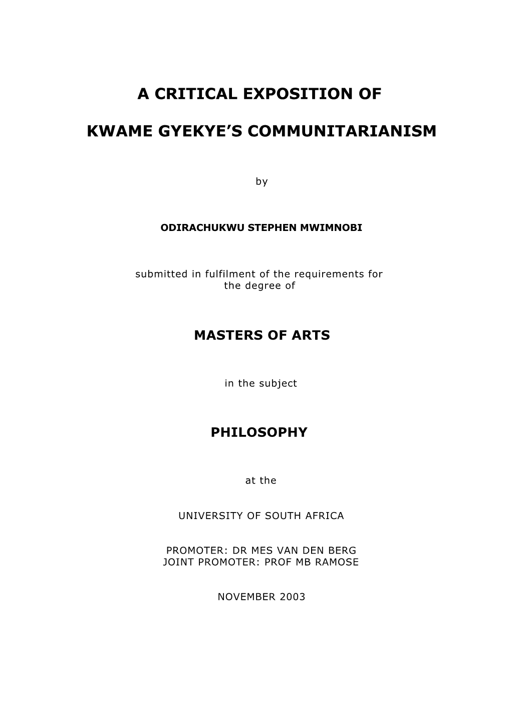 A Critical Exposition of Kwame Gyekye's Communitarianism