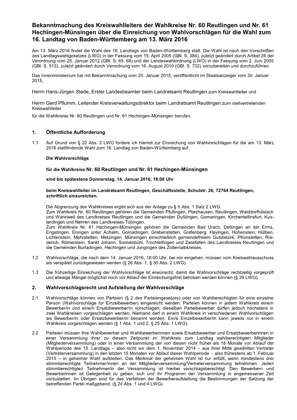 Bekanntmachung Des Kreiswahlleiters Der Wahlkreise Nr. 60 Reutlingen Und Nr