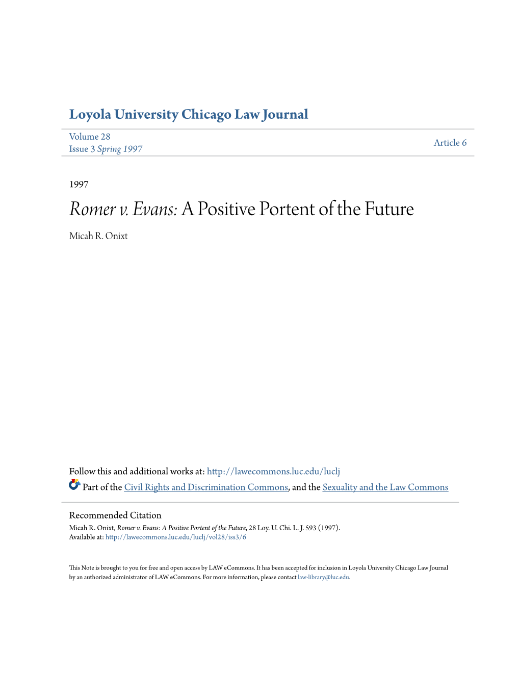 Romer V. Evans: a Positive Portent of the Future Micah R