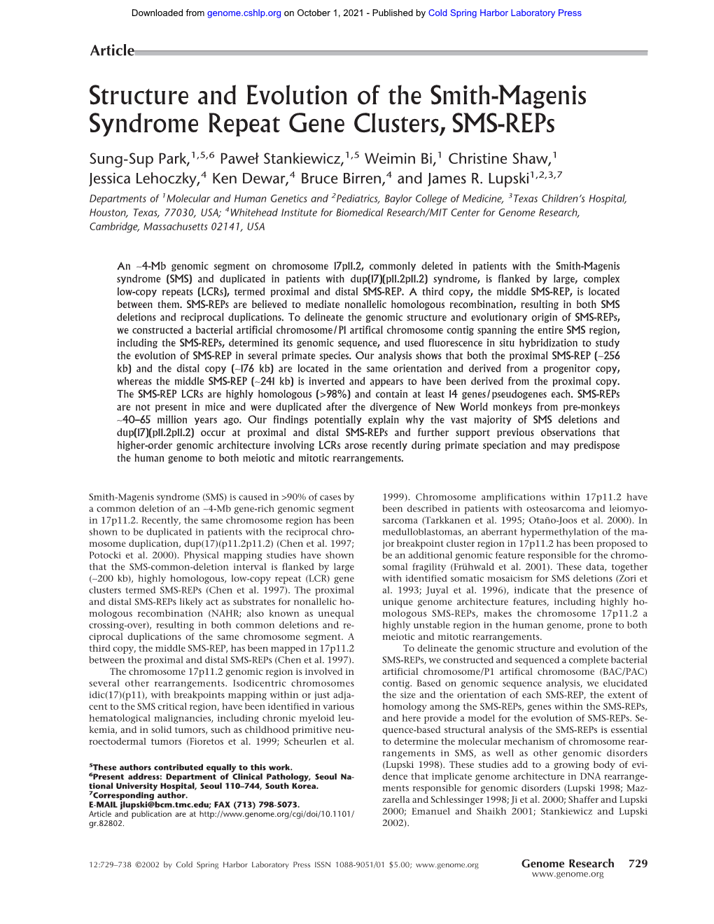 Structure and Evolution of the Smith-Magenis Syndrome Repeat Gene Clusters, SMS-Reps