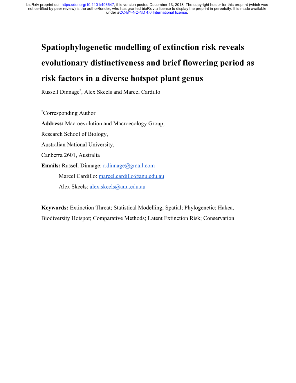 Spatiophylogenetic Modelling of Extinction Risk Reveals Evolutionary Distinctiveness and Brief Flowering Period As Risk Factors in a Diverse Hotspot Plant Genus