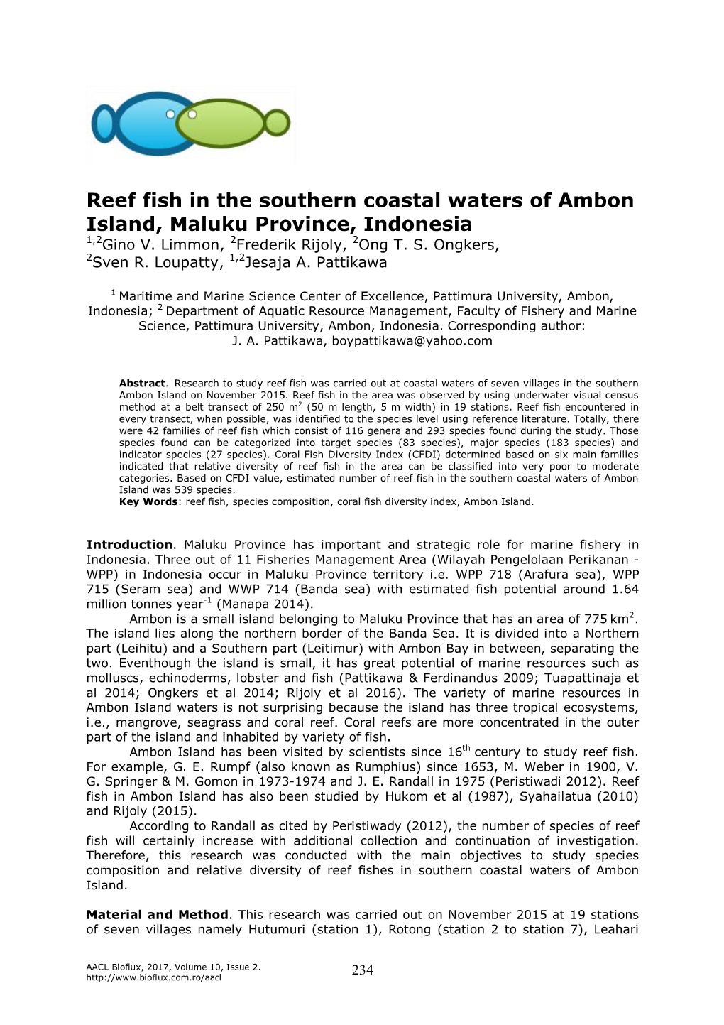 Reef Fish in the Southern Coastal Waters of Ambon Island, Maluku Province, Indonesia 1,2Gino V