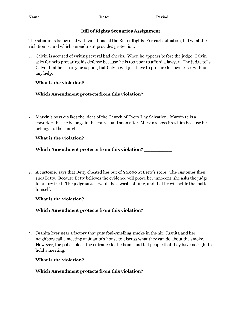 Bill of Rights Scenarios Assignment