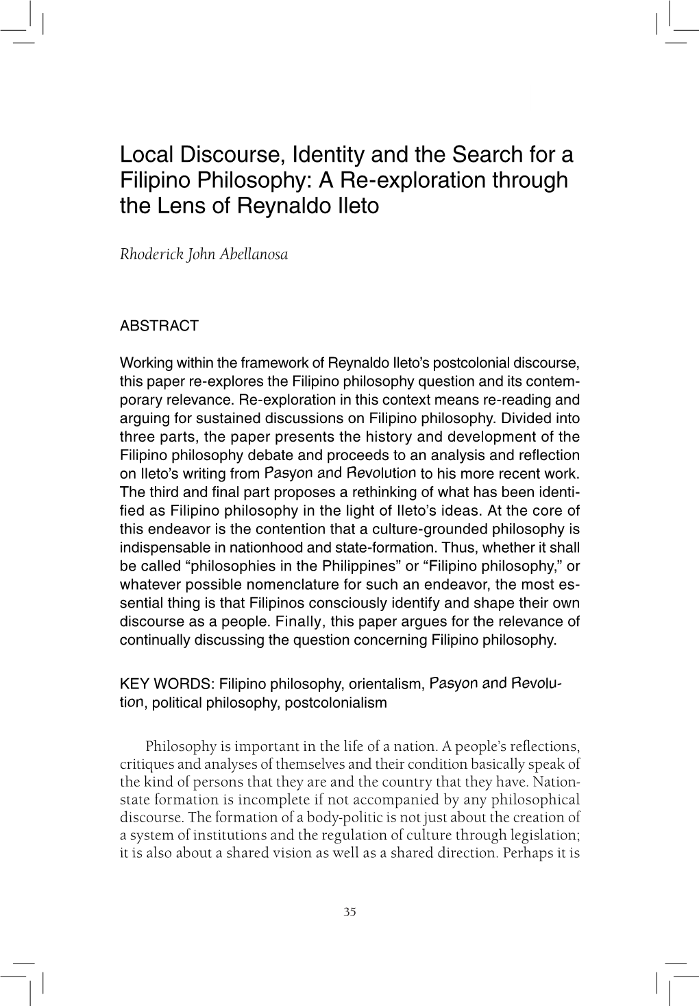 Local Discourse, Identity and the Search for a Filipino Philosophy: a Re-Exploration Through the Lens of Reynaldo Ileto