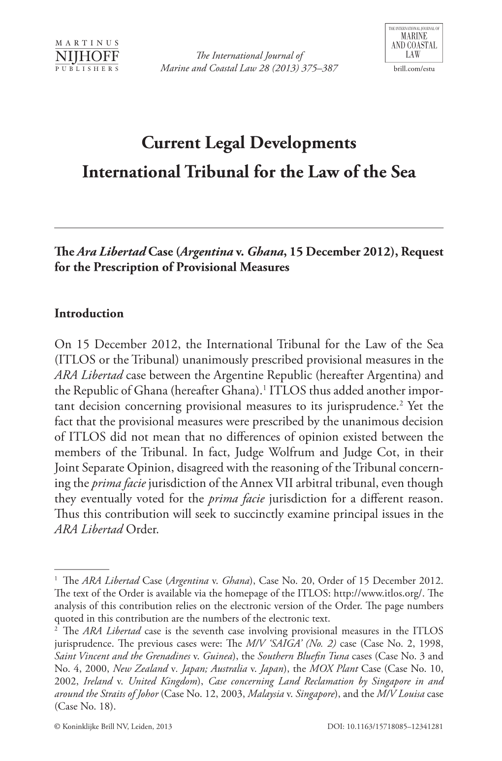 Current Legal Developments International Tribunal for the Law of the Sea