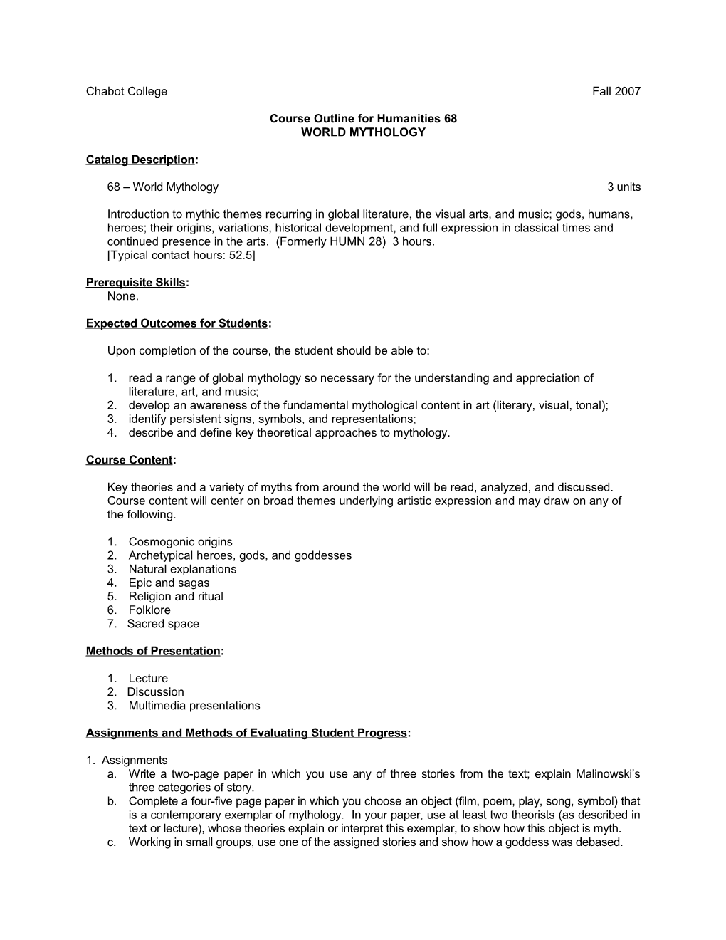 Course Outline for Humanities 68, Page 2