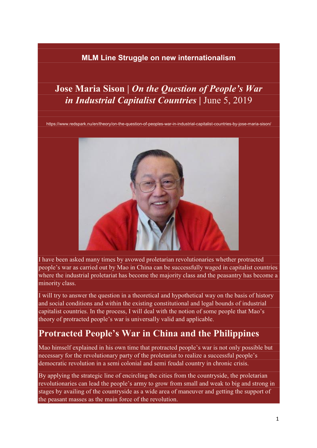 Jose Maria Sison | on the Question of People's War in Industrial Capitalist