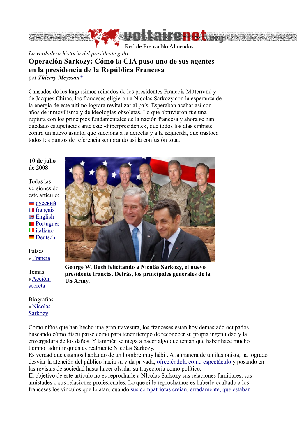 Operación Sarkozy: Cómo La CIA Puso Uno De Sus Agentes En La Presidencia De La República Francesa Por Thierry Meyssan*