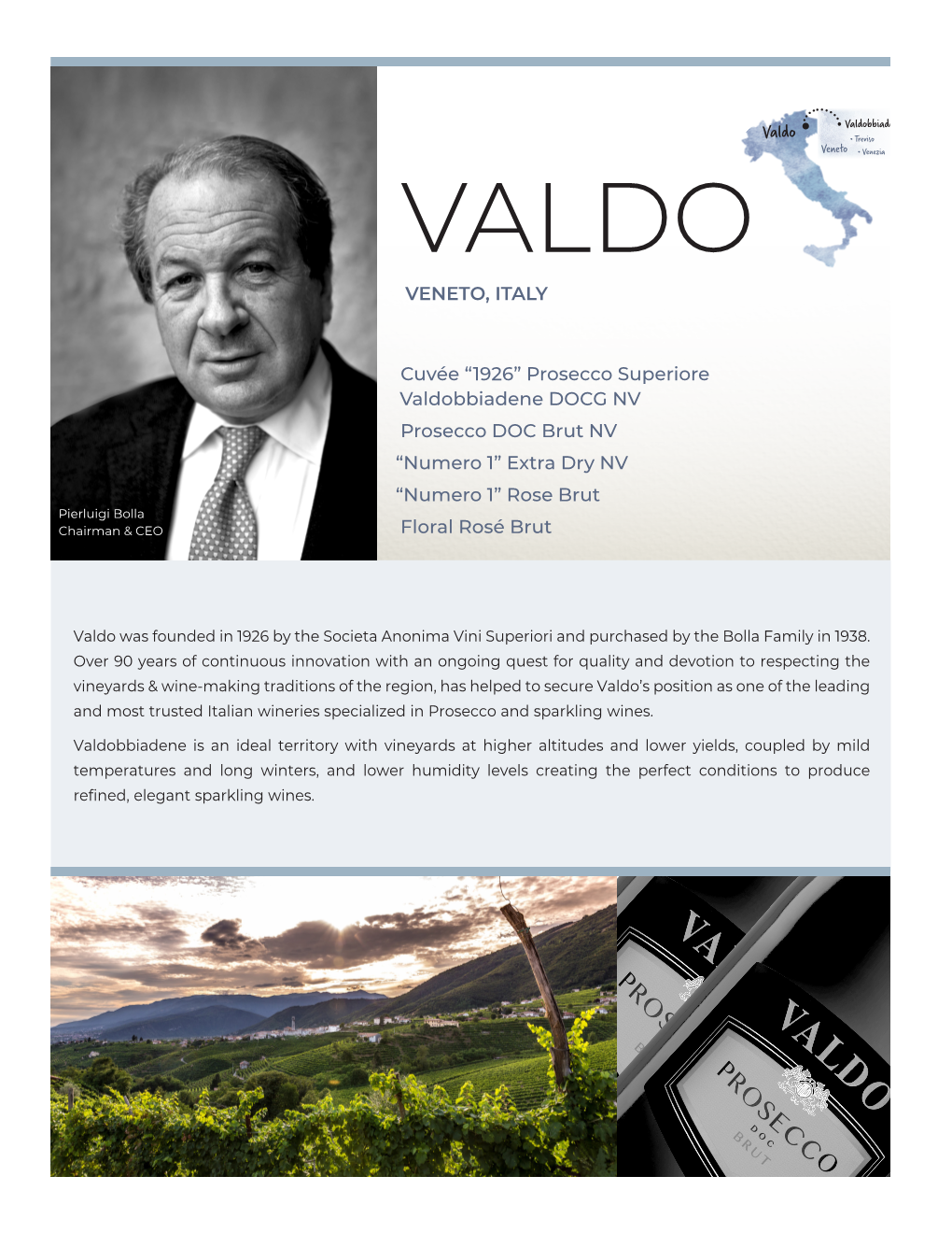 Prosecco Superiore Valdobbiadene DOCG NV Prosecco DOC Brut NV “Numero 1” Extra Dry NV “Numero 1” Rose Brut Pierluigi Bolla Chairman & CEO Floral Rosé Brut