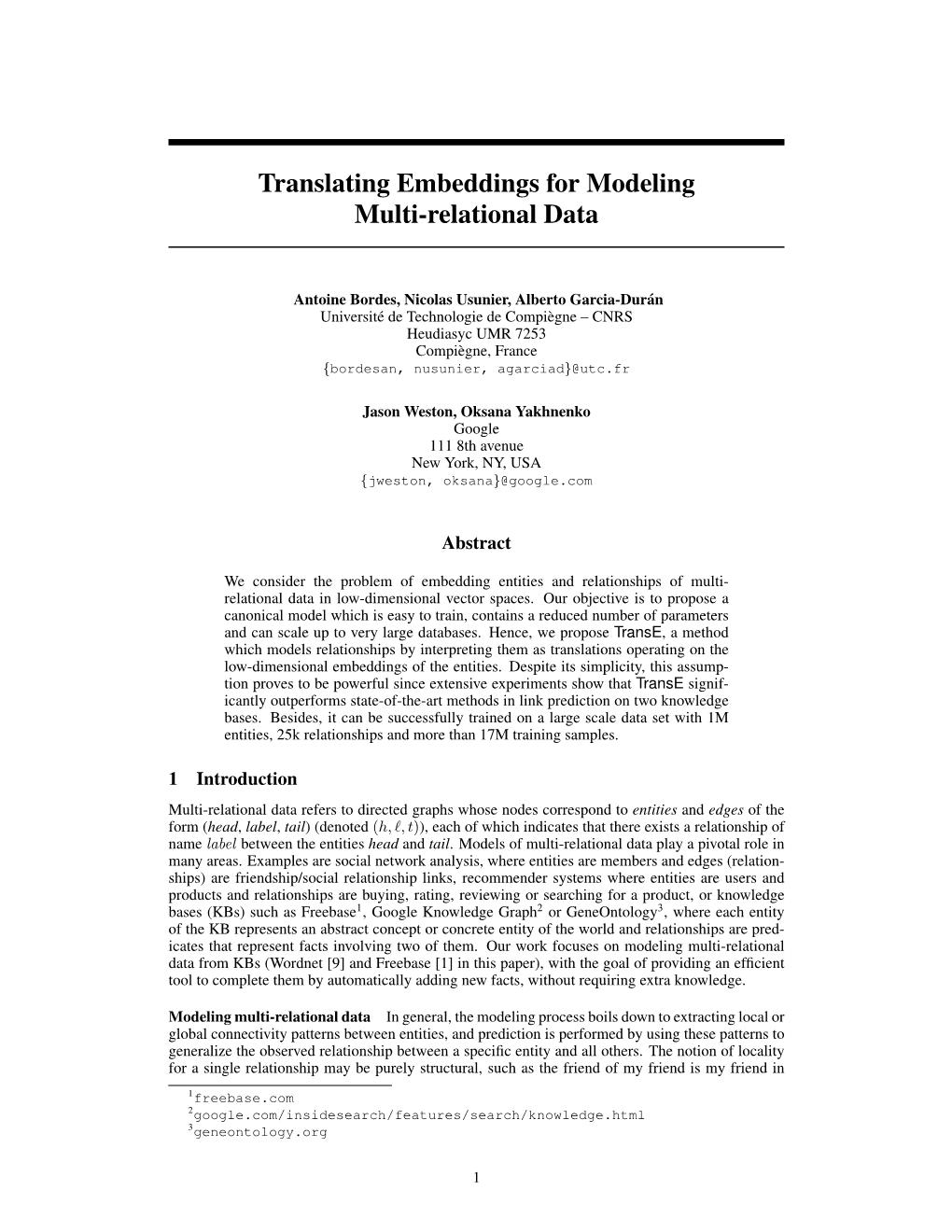 Translating Embeddings for Modeling Multi-Relational Data