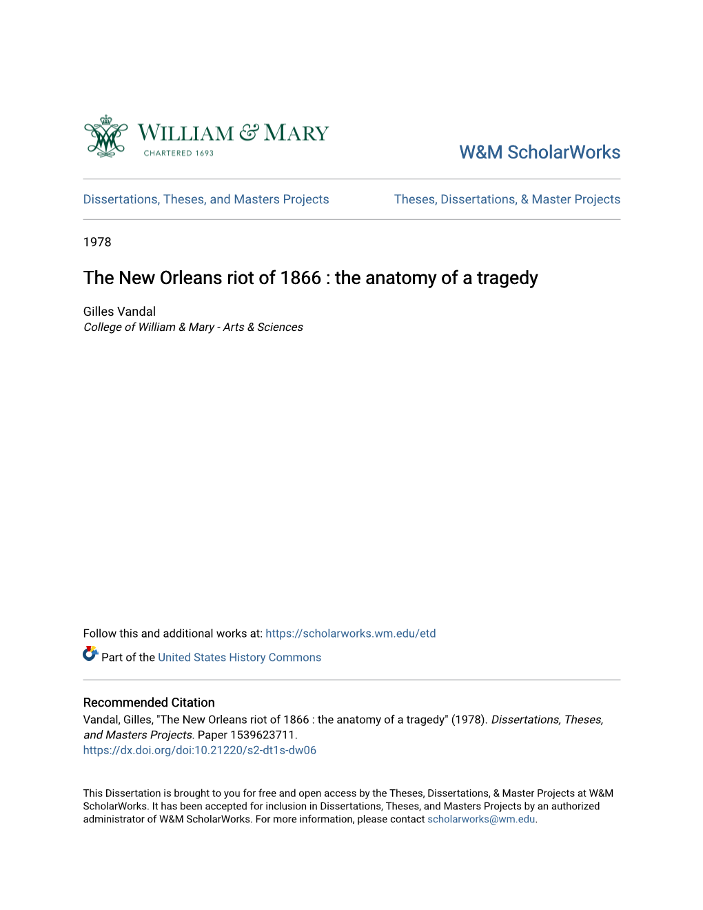 The New Orleans Riot of 1866 : the Anatomy of a Tragedy