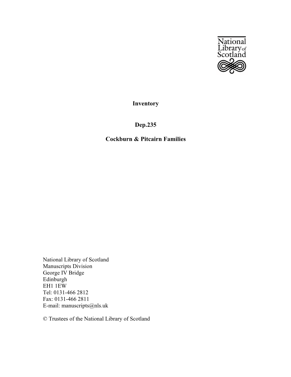 Inventory Dep.235 Cockburn & Pitcairn Families