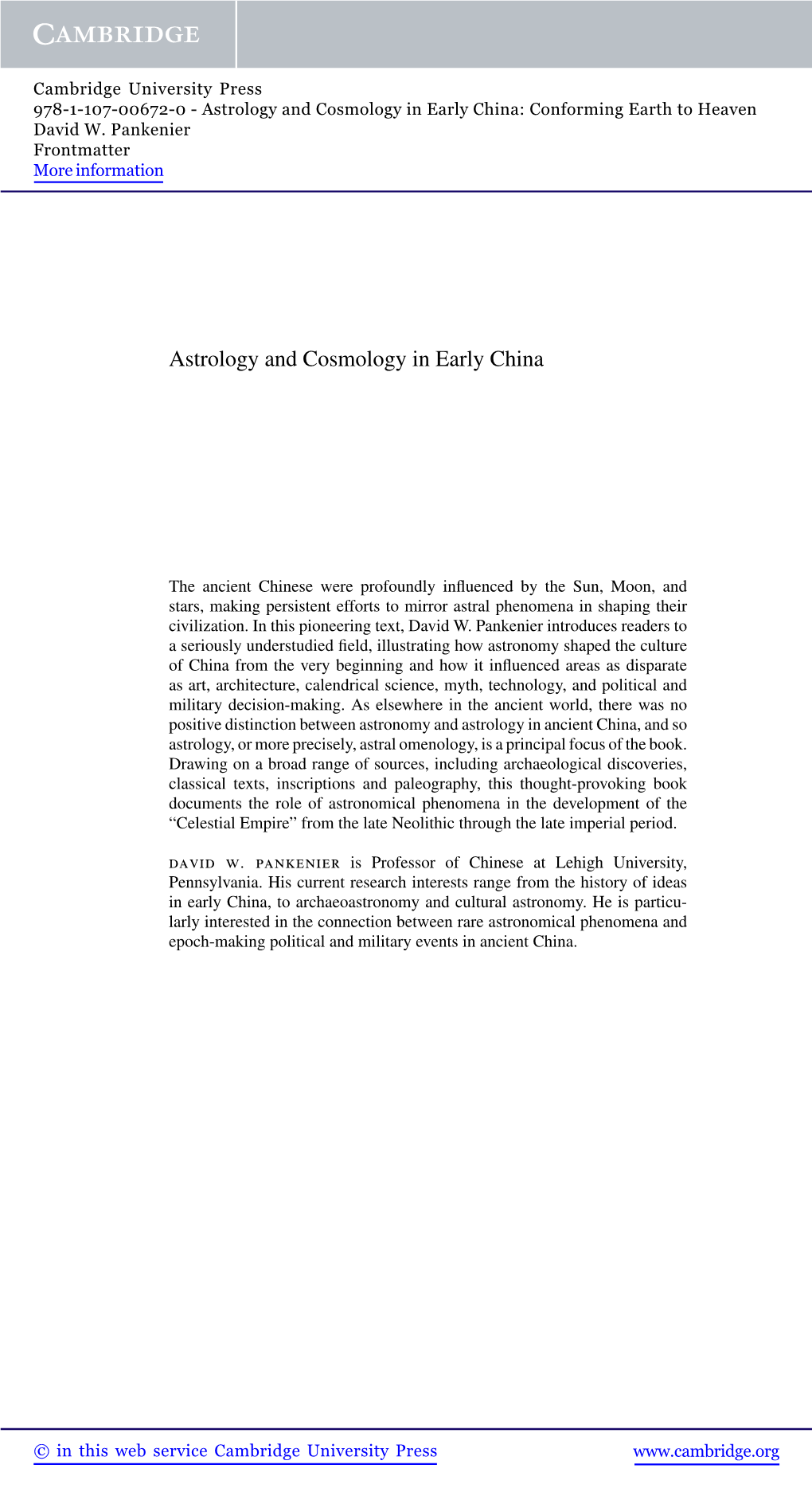 Astrology and Cosmology in Early China: Conforming Earth to Heaven David W