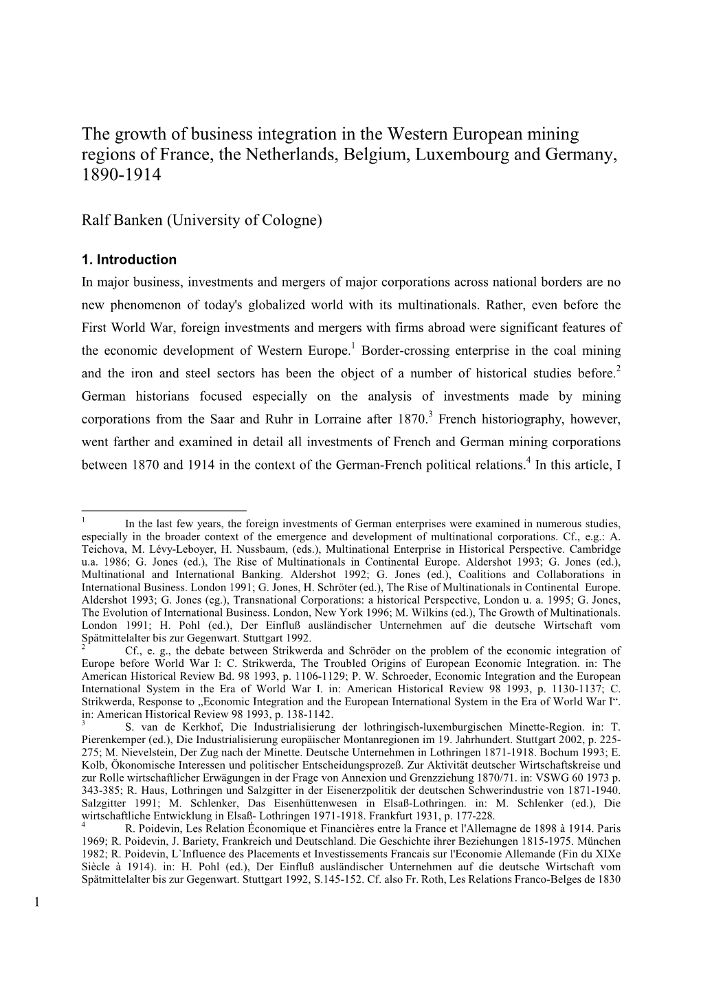 The Growth of Business Integration in the Western European Mining Regions of France, the Netherlands, Belgium, Luxembourg and Germany, 1890-1914