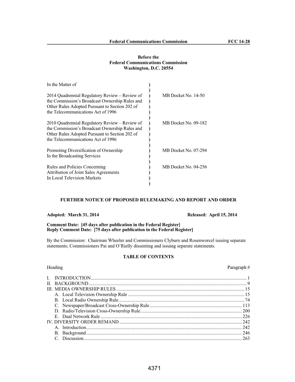 Rules and ) Other Rules Adopted Pursuant to Section 202 of ) the Telecommunications Act of 1996 ) ) 2010 Quadrennial Regulatory Review – Review of ) MB Docket No