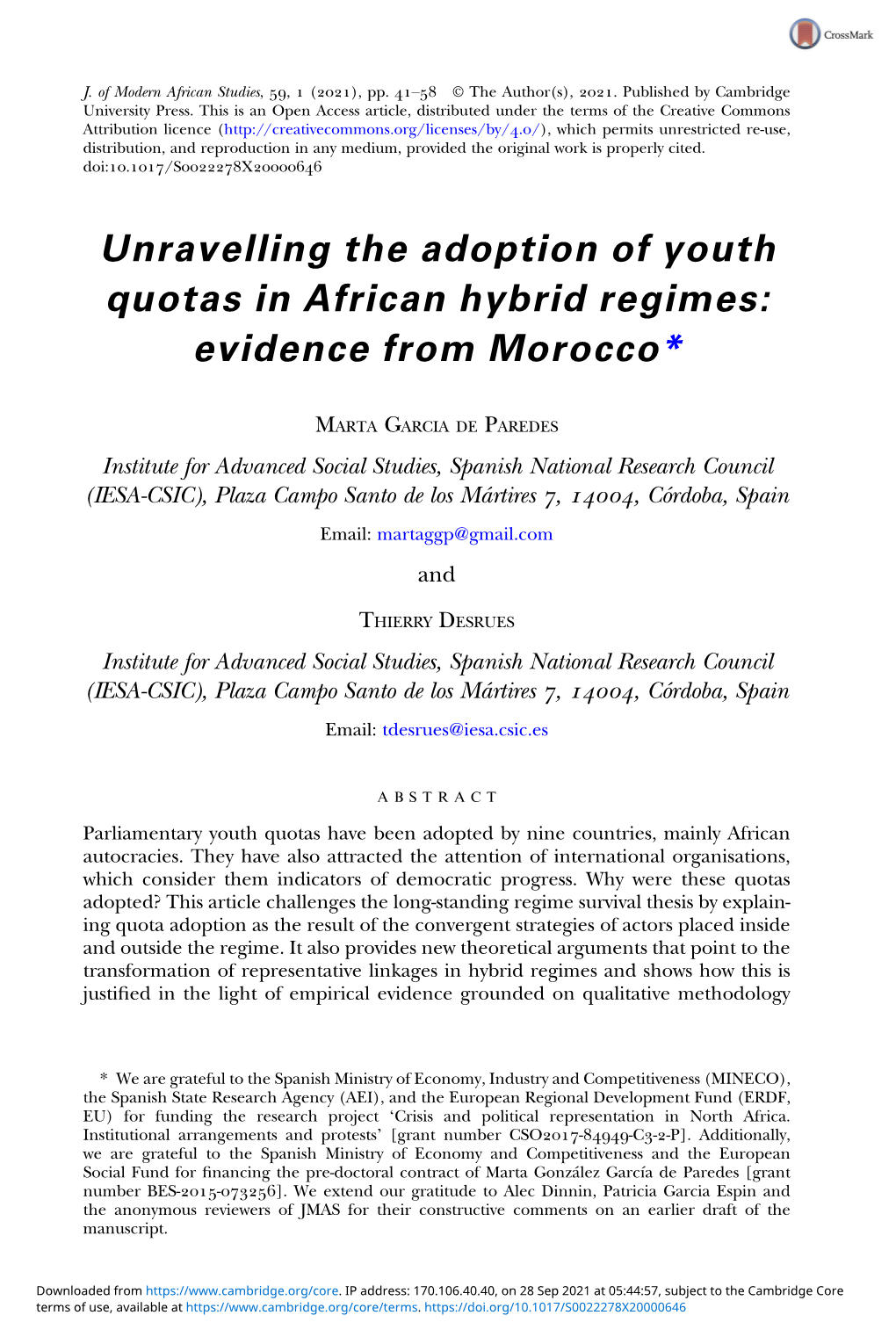 Unravelling the Adoption of Youth Quotas in African Hybrid Regimes: Evidence from Morocco*