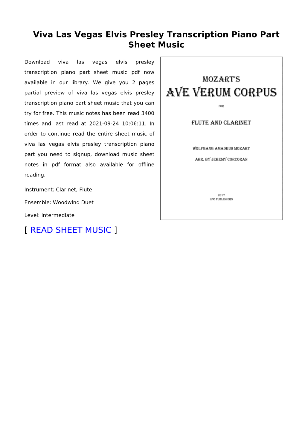 Viva Las Vegas Elvis Presley Transcription Piano Part Sheet Music