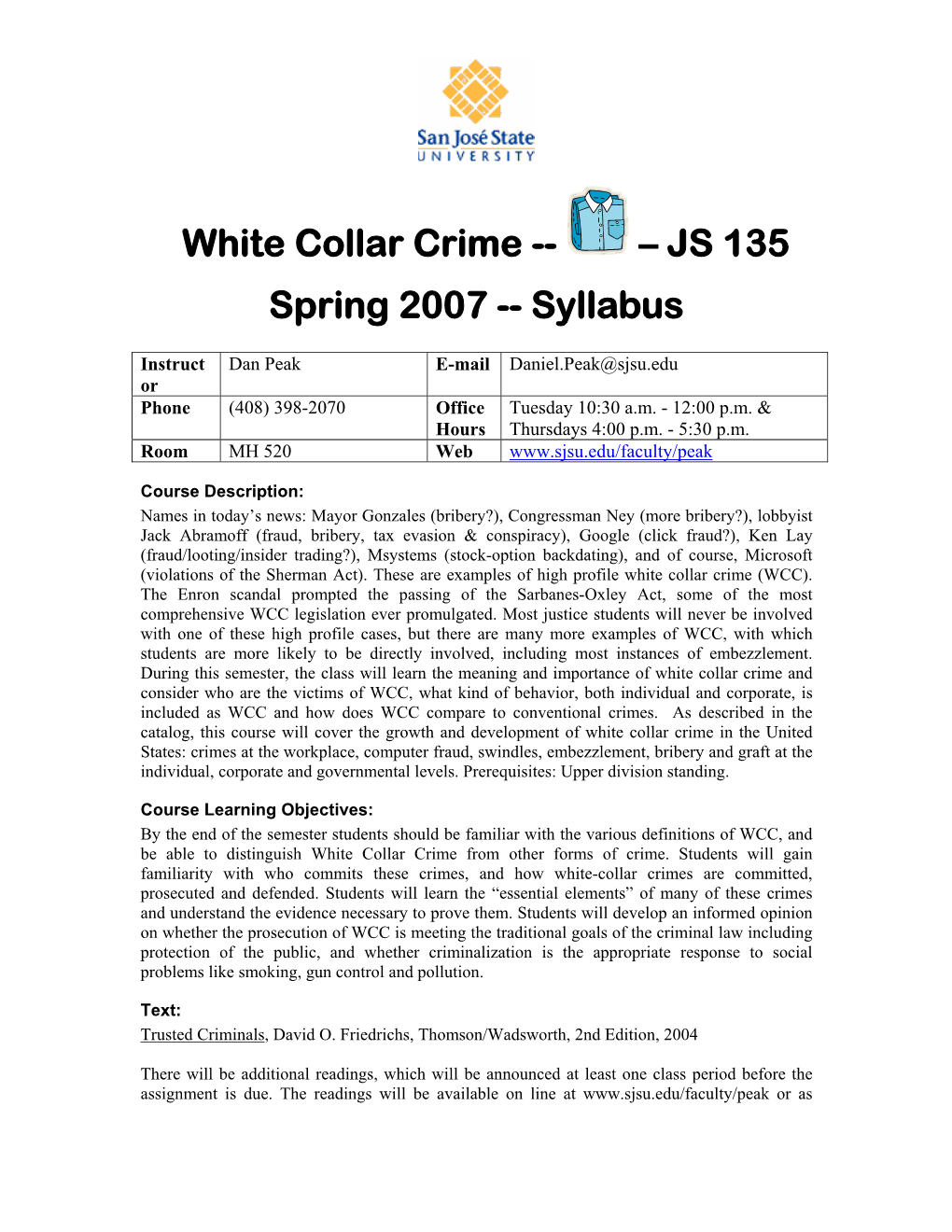 White Collar Crime -- – JS 135 Spring 2007 -- Syllabus