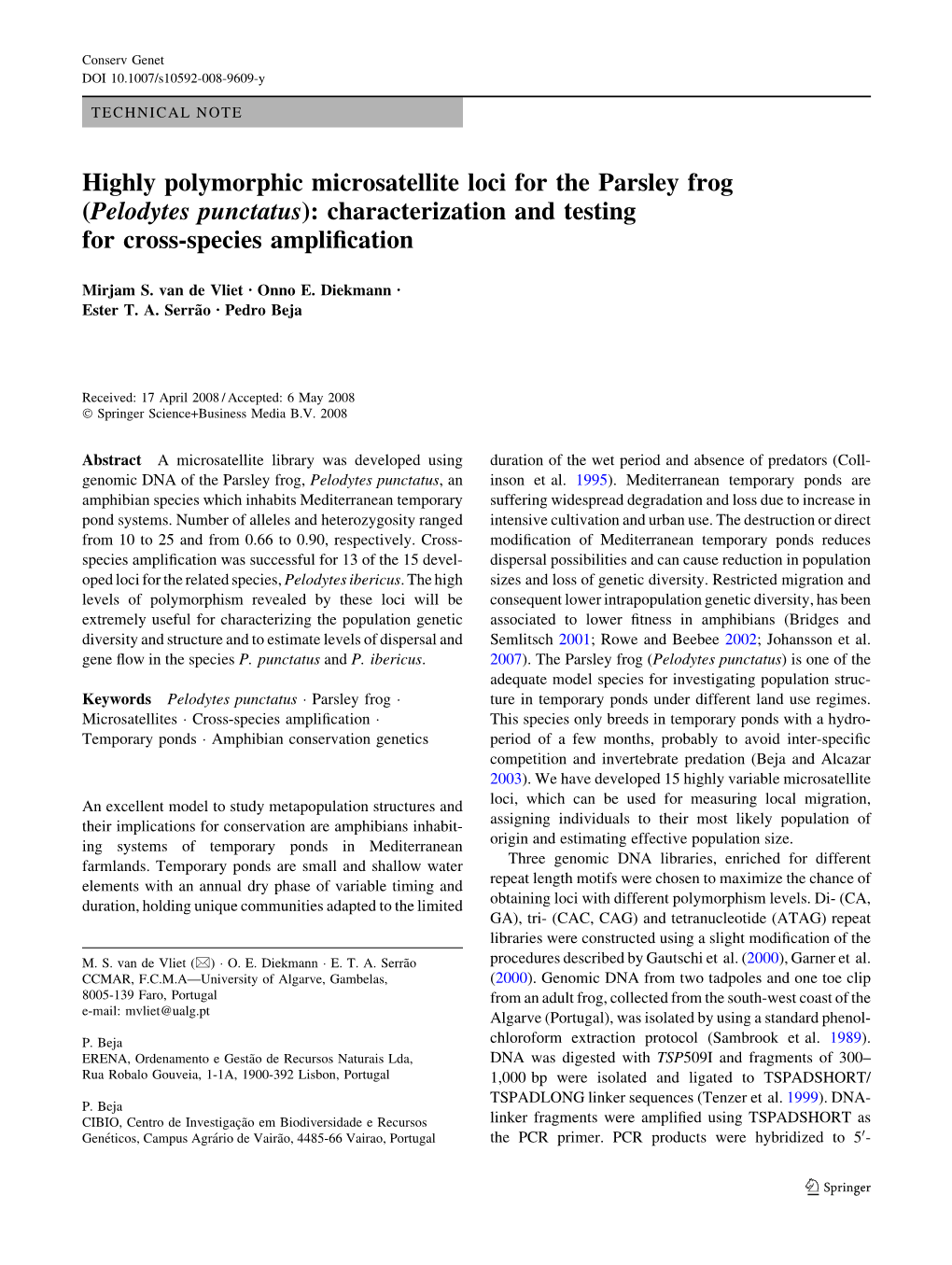 Highly Polymorphic Microsatellite Loci for the Parsley Frog (Pelodytes Punctatus): Characterization and Testing for Cross-Species Ampliﬁcation