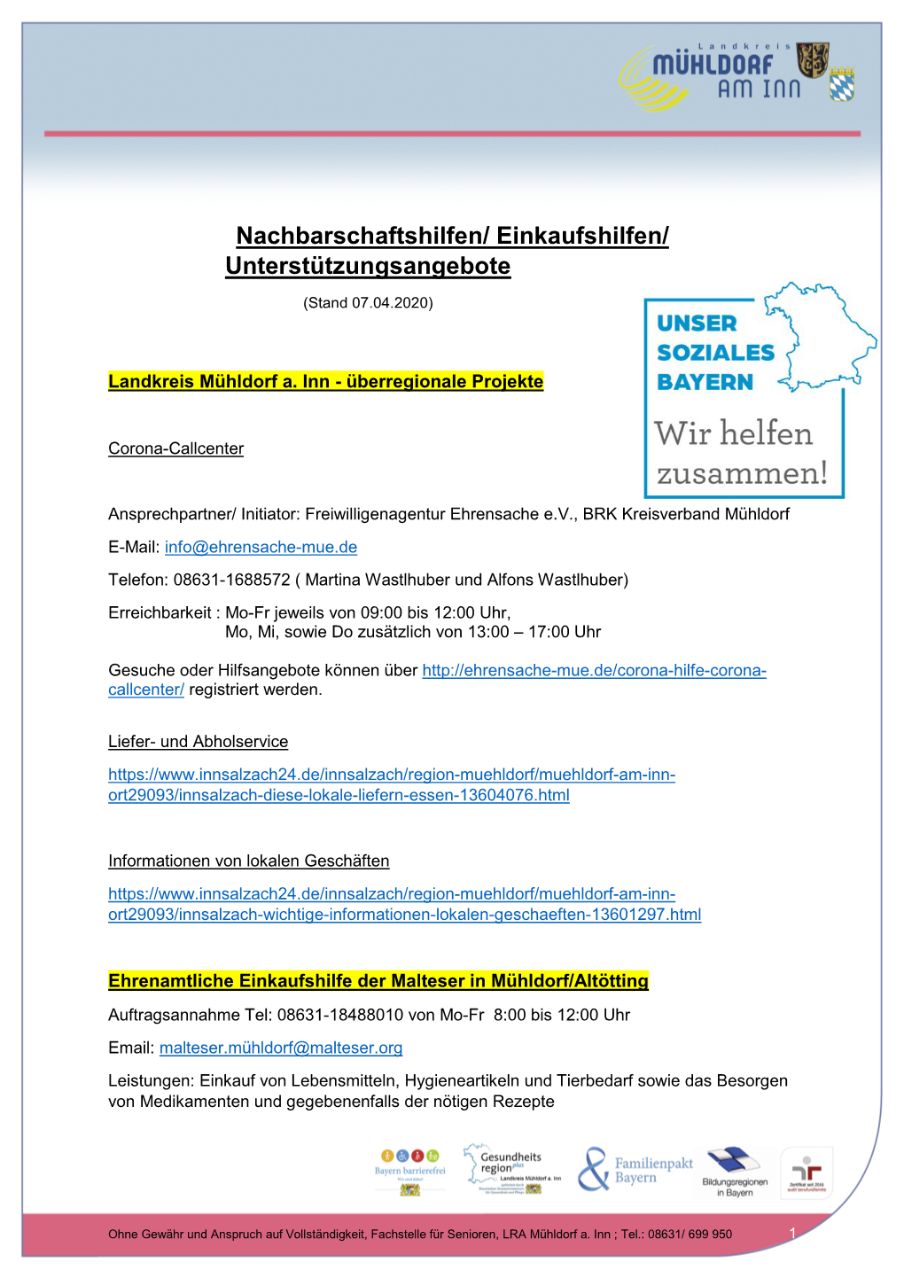 Nachbarschaftshilfen/ Einkaufshilfen/ Unterstützungsangebote (Stand 07.04.2020)