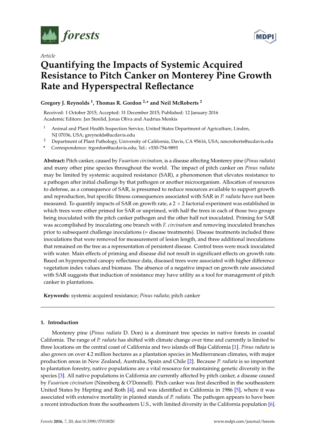 Quantifying the Impacts of Systemic Acquired Resistance to Pitch Canker on Monterey Pine Growth Rate and Hyperspectral Reﬂectance