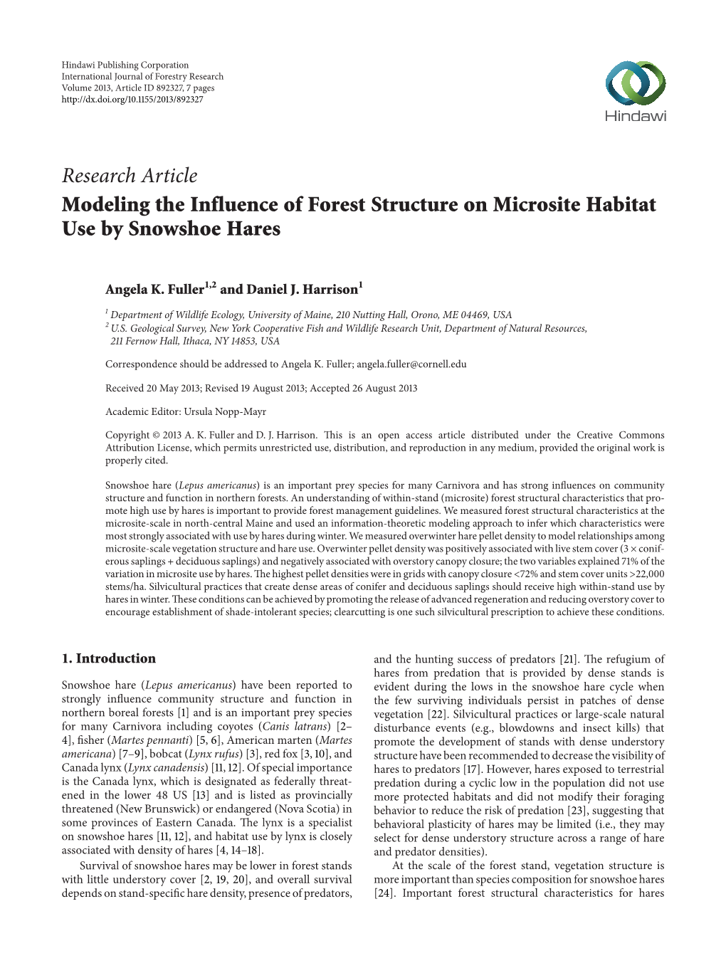 Modeling the Influence of Forest Structure on Microsite Habitat Use by Snowshoe Hares