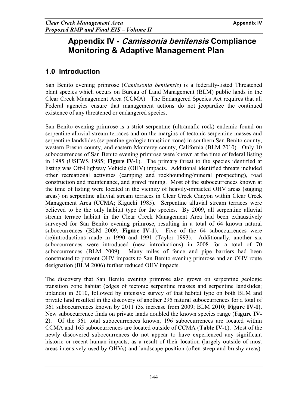 Camissonia Benitensis Compliance Monitoring & Adaptive Management Plan