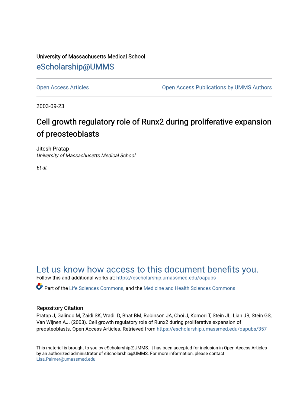 Cell Growth Regulatory Role of Runx2 During Proliferative Expansion of Preosteoblasts