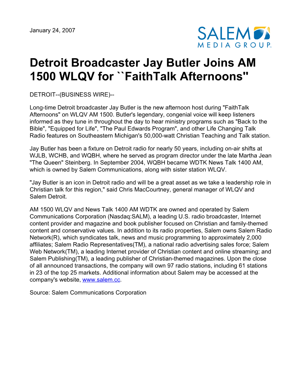 Detroit Broadcaster Jay Butler Joins AM 1500 WLQV for ``Faithtalk Afternoons''