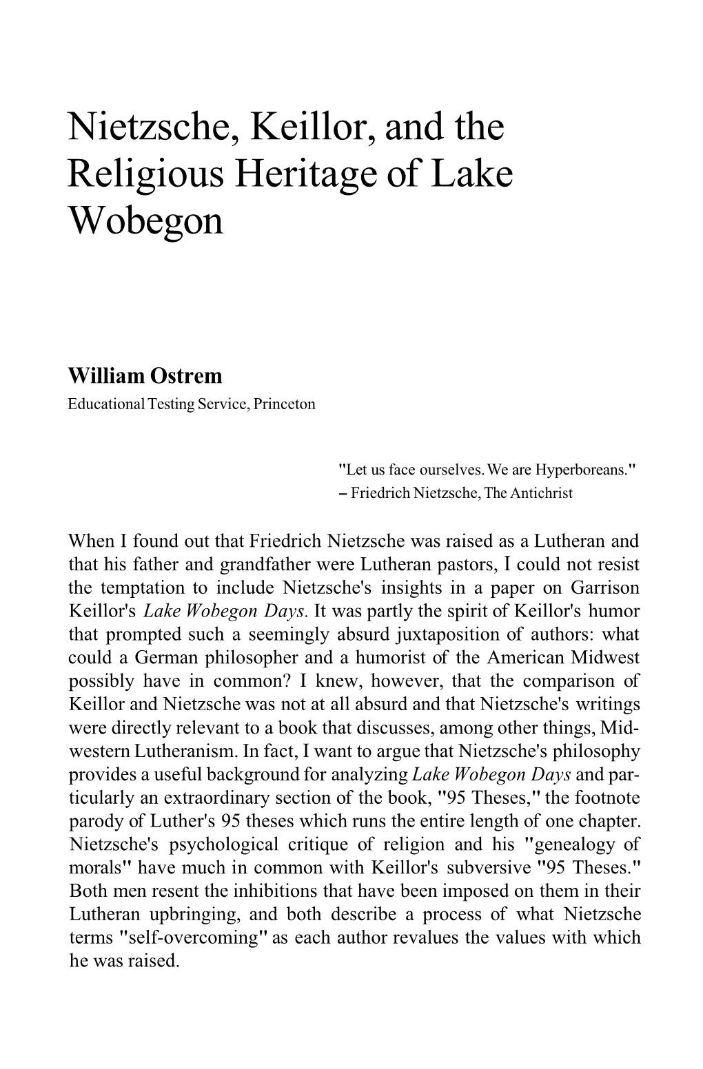Nietzsche, Keillor, and the Religious Heritage of Lake Wobegon