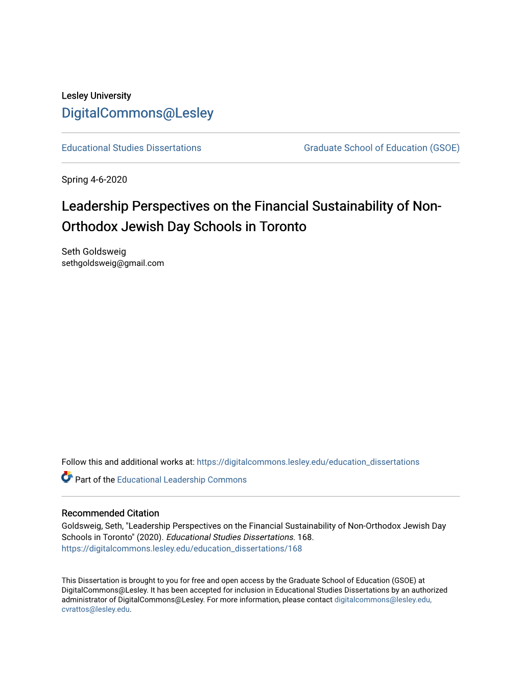 Leadership Perspectives on the Financial Sustainability of Non- Orthodox Jewish Day Schools in Toronto