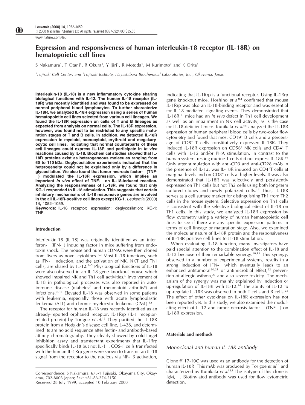 IL-18R) on Hematopoietic Cell Lines S Nakamura1, T Otani1, R Okura1, Y Ijiri1, R Motoda1, M Kurimoto2 and K Orita1