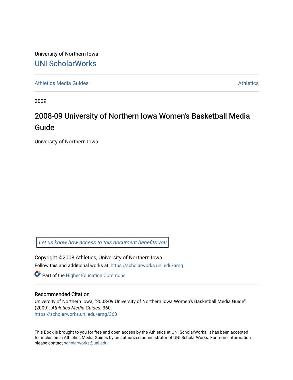 2008-09 University of Northern Iowa Women's Basketball Media Guide