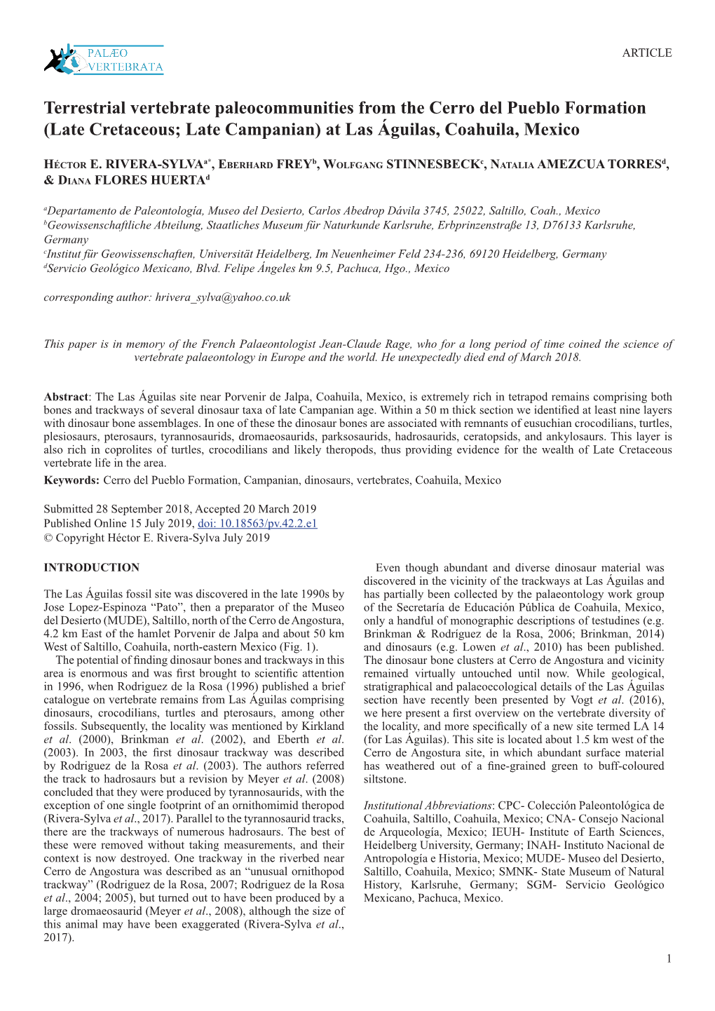 Terrestrial Vertebrate Paleocommunities from the Cerro Del Pueblo Formation (Late Cretaceous; Late Campanian) at Las Águilas, Coahuila, Mexico