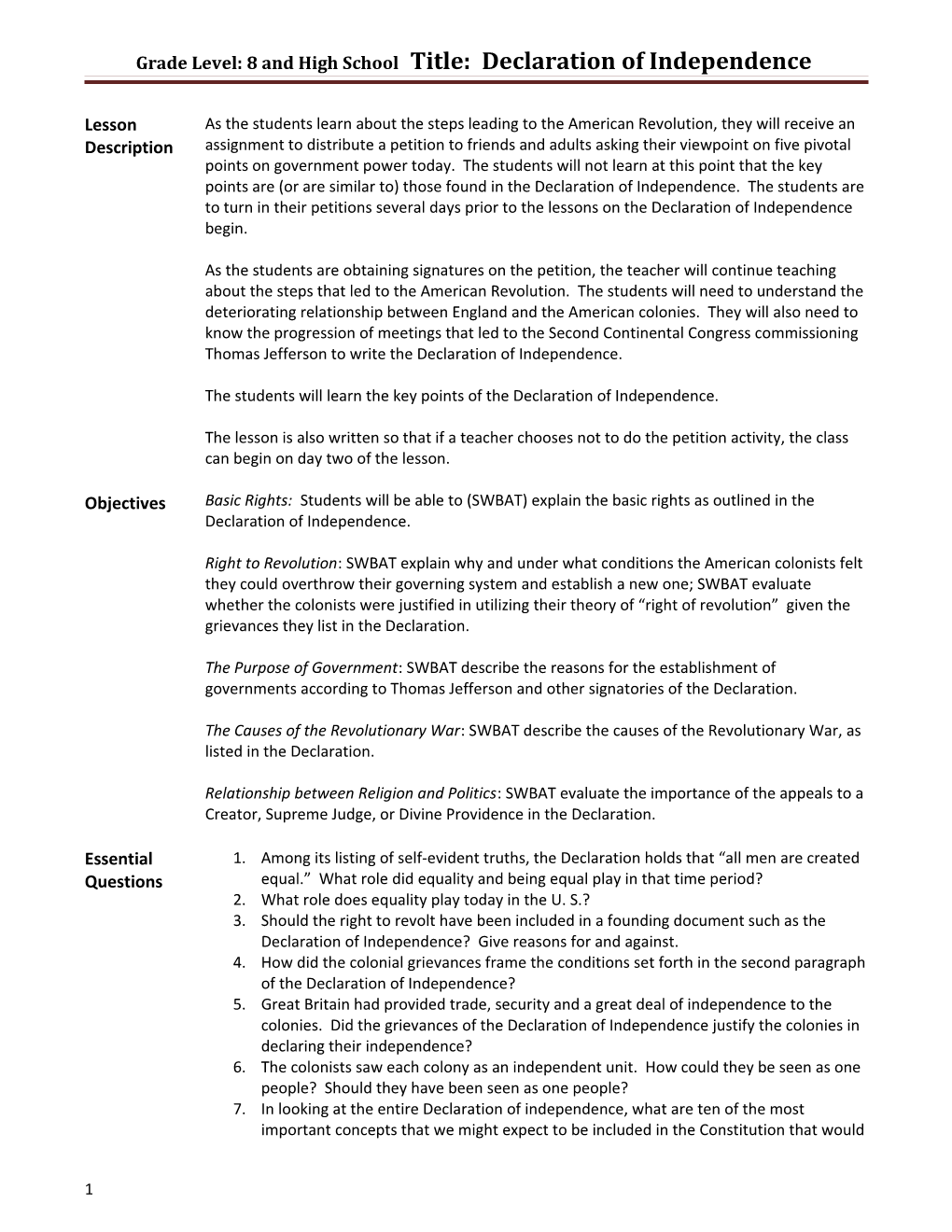 Grade Level: 8 and High School Title: Declaration of Independence