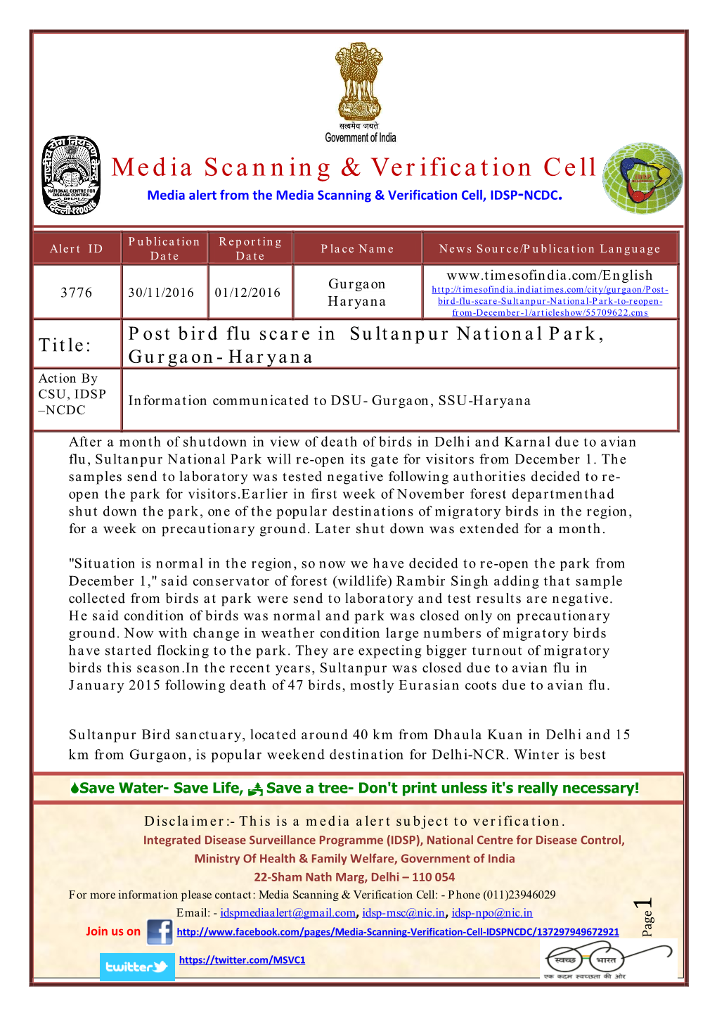 3776, Alert-Post Bird Flu Scare in Sultanpur National Park