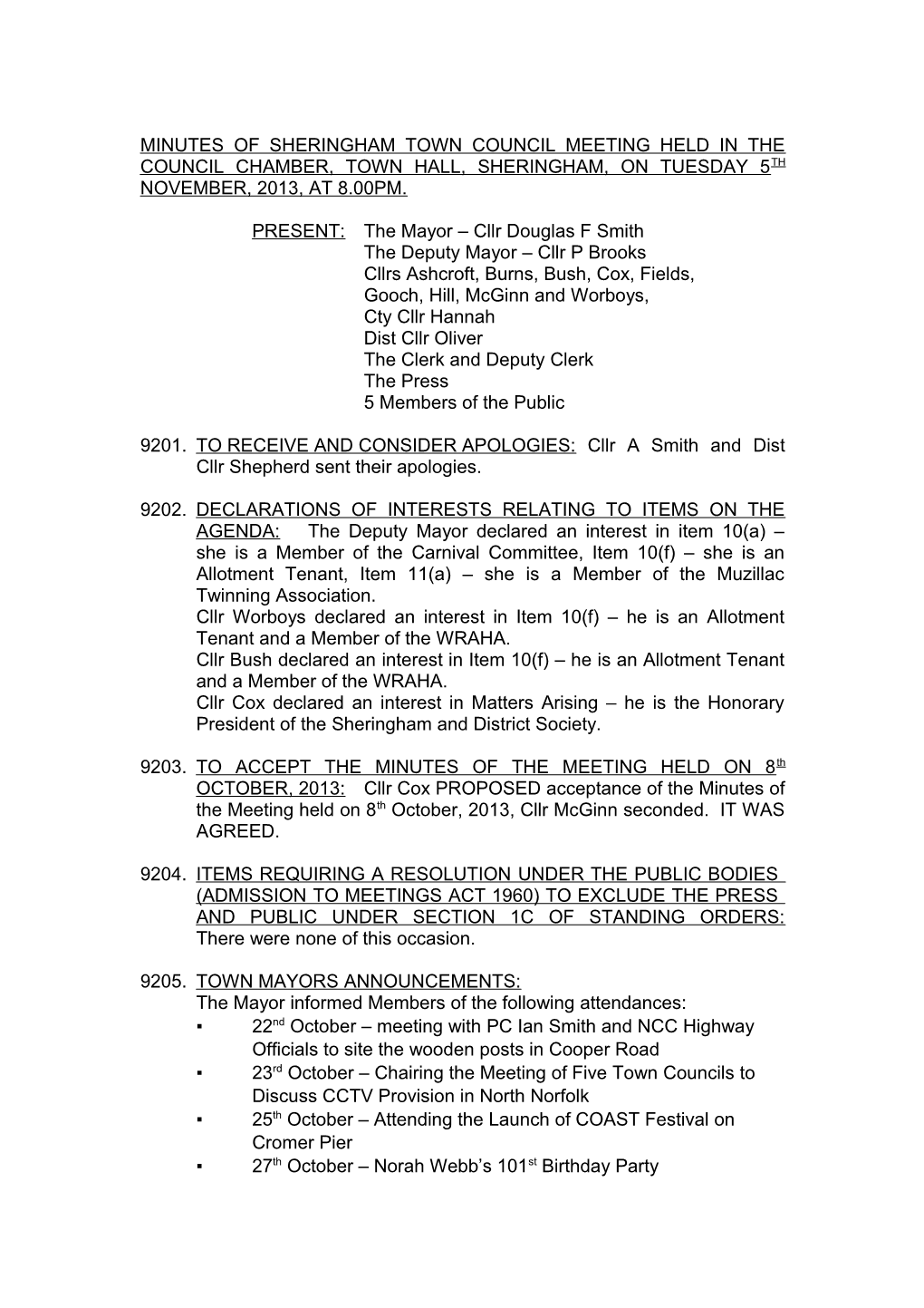 Minutes of the Sheringham Town Council Meeting Held in the Council Chamber, Town Hall s1