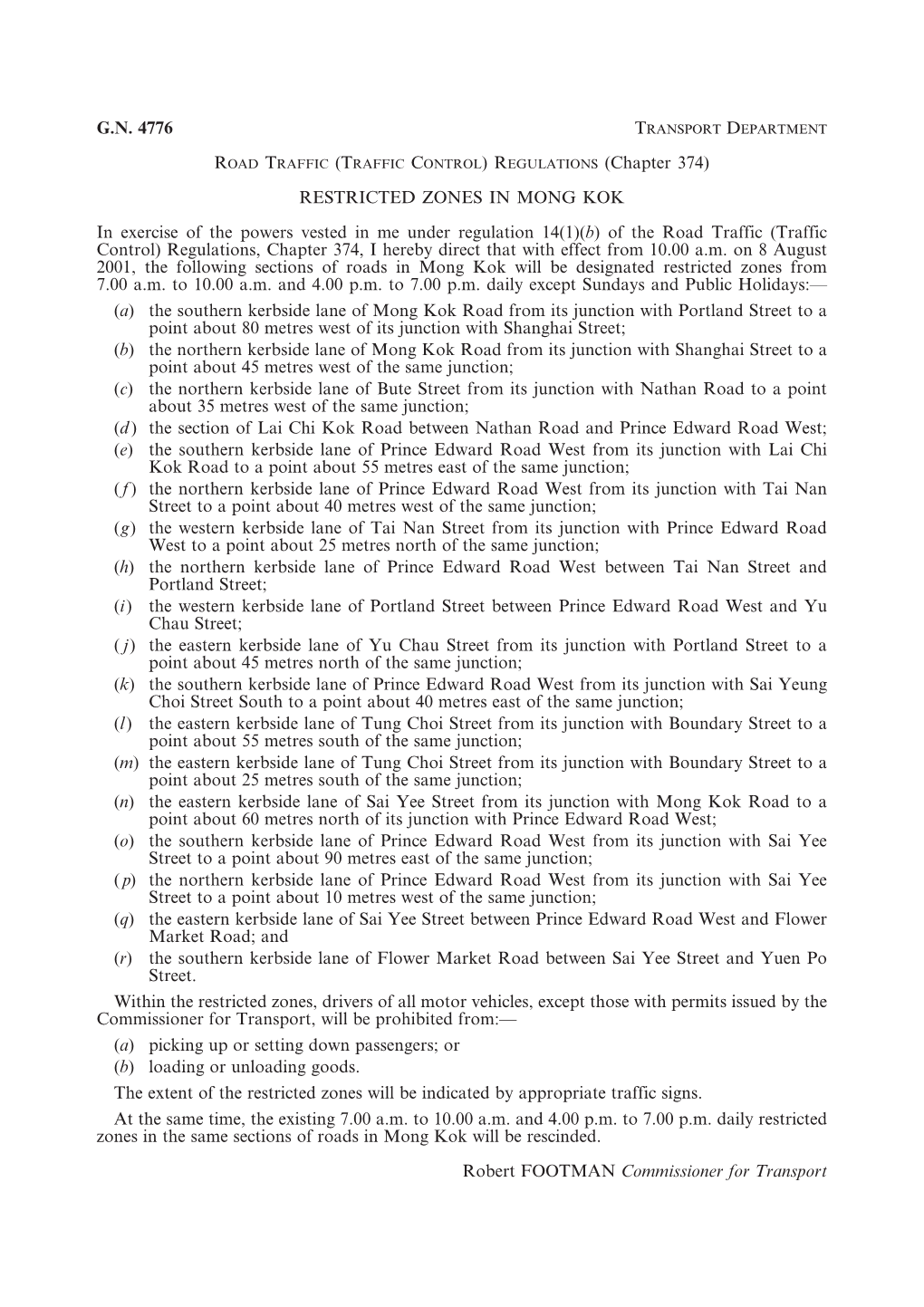 G.N. 4776 Road Traffic (Traffic Control) Regulations