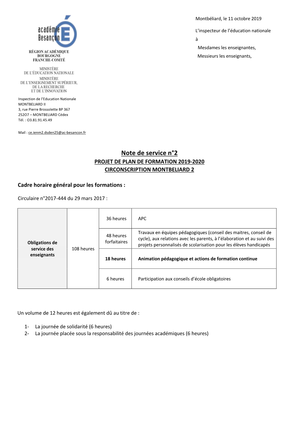 Note De Service N°2 PROJET DE PLAN DE FORMATION 2019-2020 CIRCONSCRIPTION MONTBELIARD 2